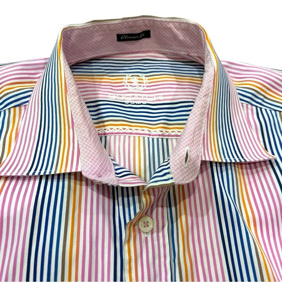 Bugatchi Uomo Men’s Dress Shirt Pink Blue Yellow Stripe Classic Fit Button Up XL - Picture 3 of 15